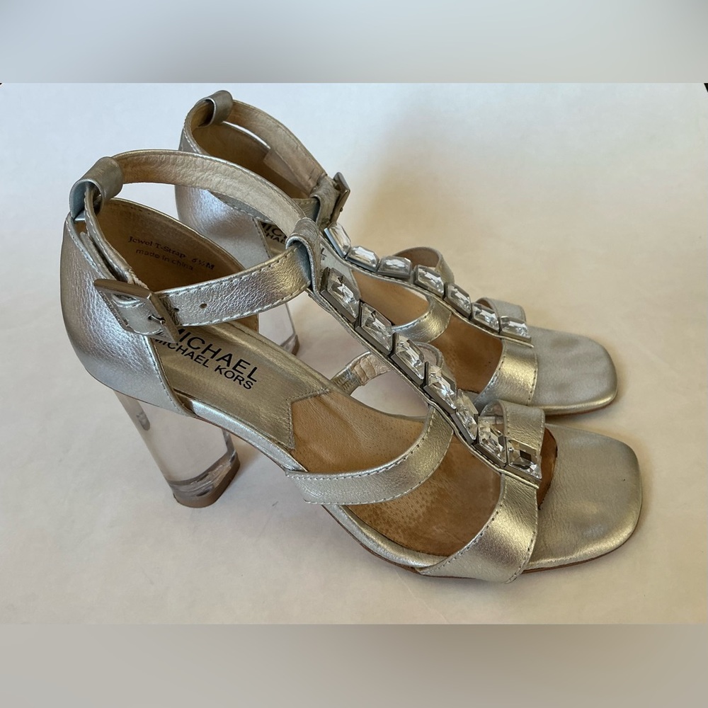 Michael Kors Genuine Leather T-Strap Rhinestone Sandals See Through Heels